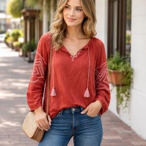 Natural Reflections Boho Peasant Blouse | Cotton Modal Blend Tassel Tie Top